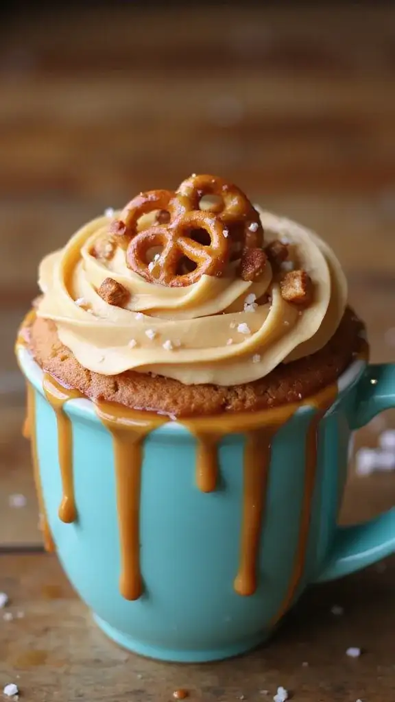 12 Gourmet Mug Cakes That Will Impress Your Dinner Guests (Trust Us on #5!) - 2. Salted Caramel Pretzel Delight