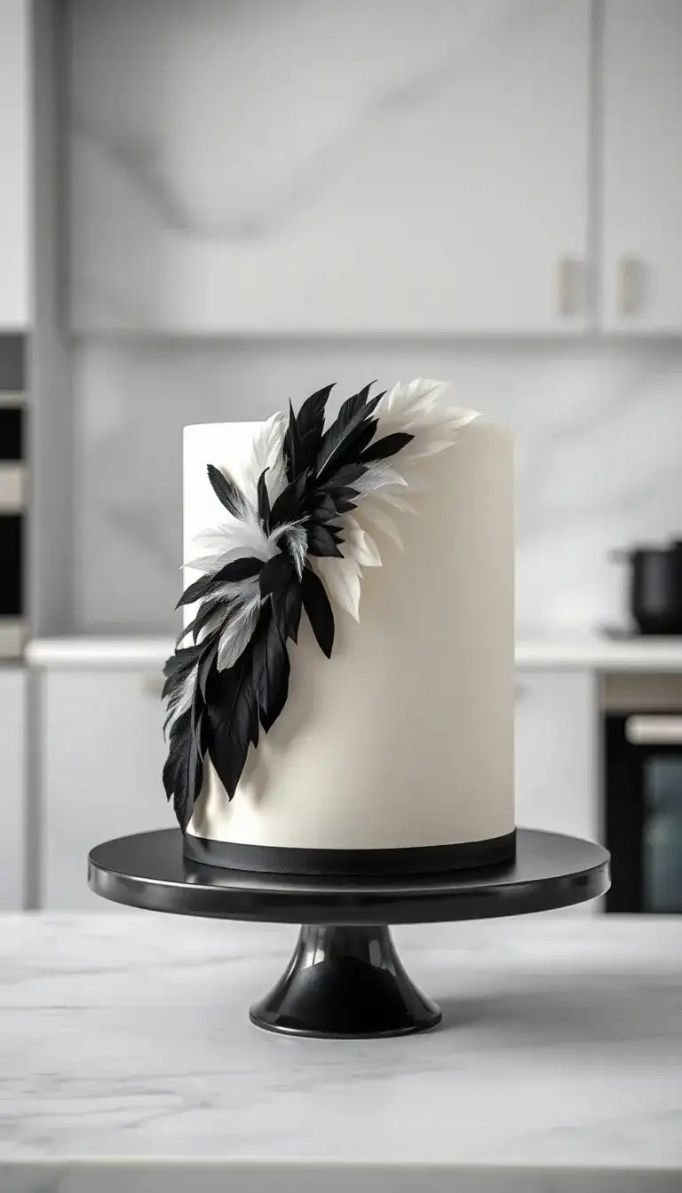 Black and White Feathered Cake1.webp