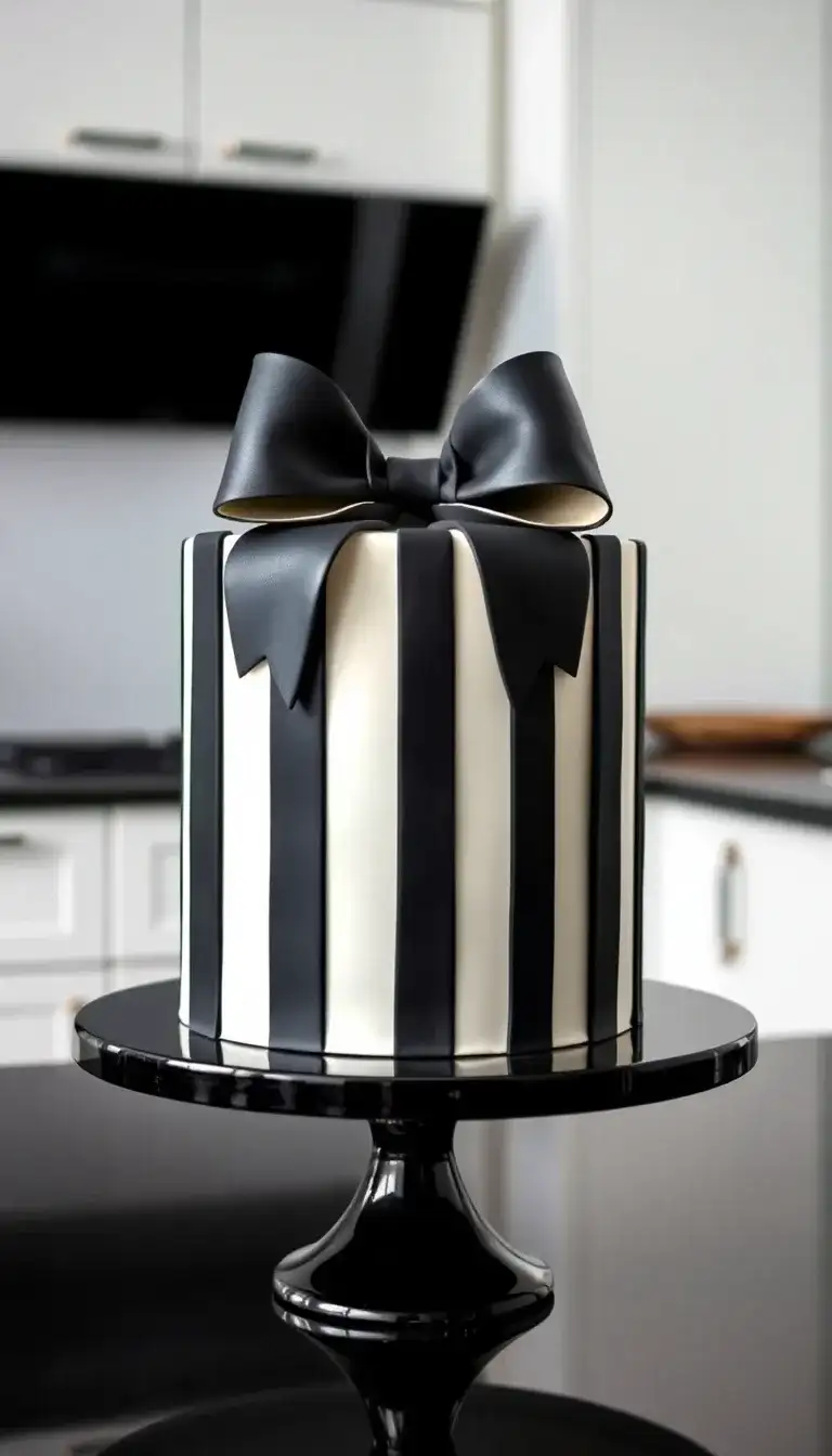 Black and White Striped Bow Cake1.webp