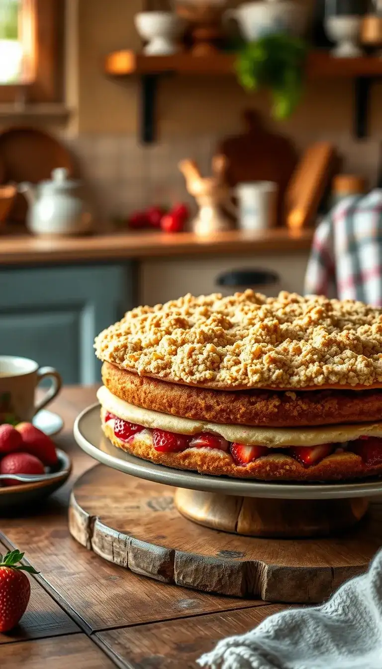rhubarb and strawberry crumble cake