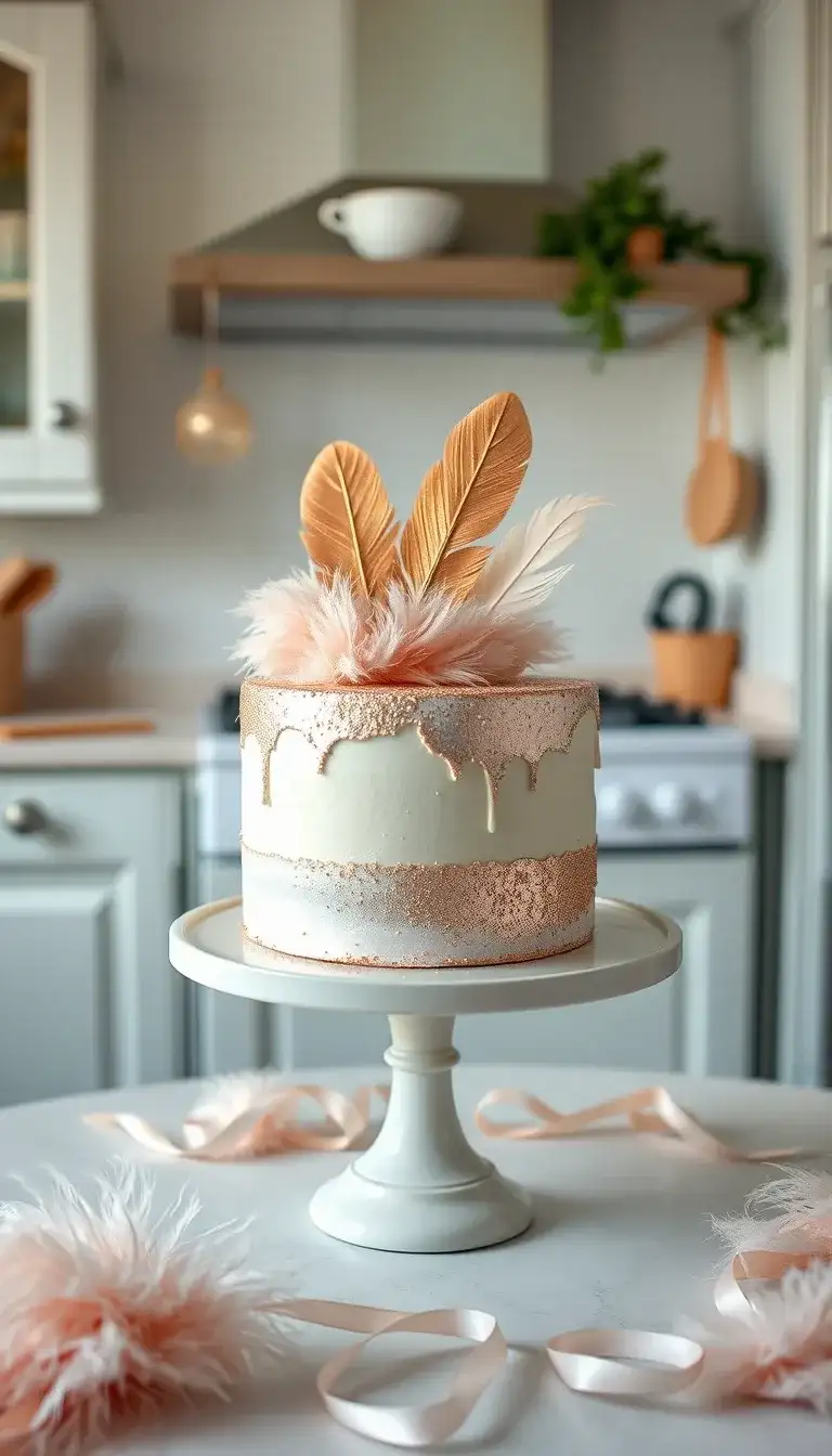 rose gold feather topped cake