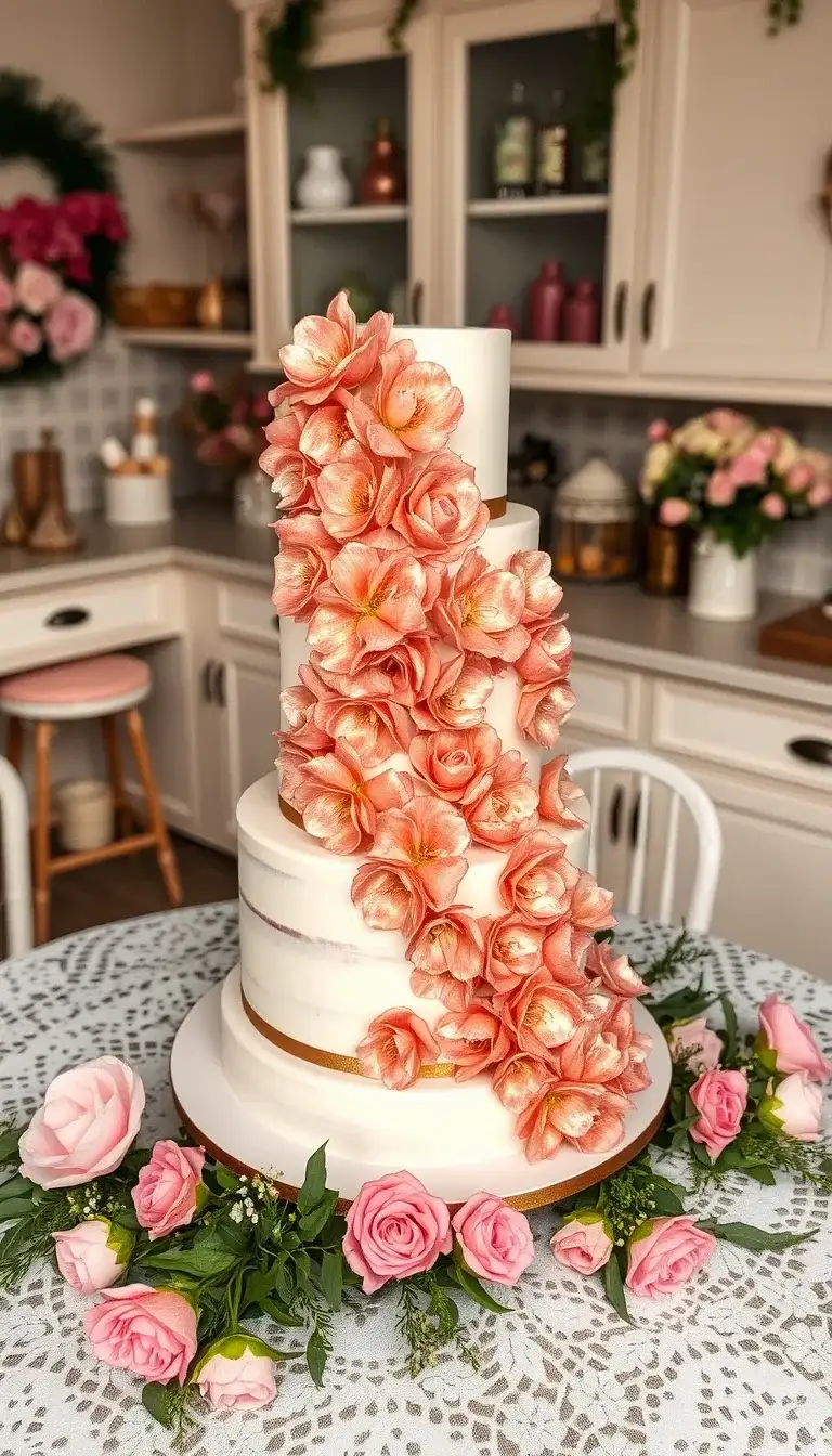 rose gold floral cascade cake