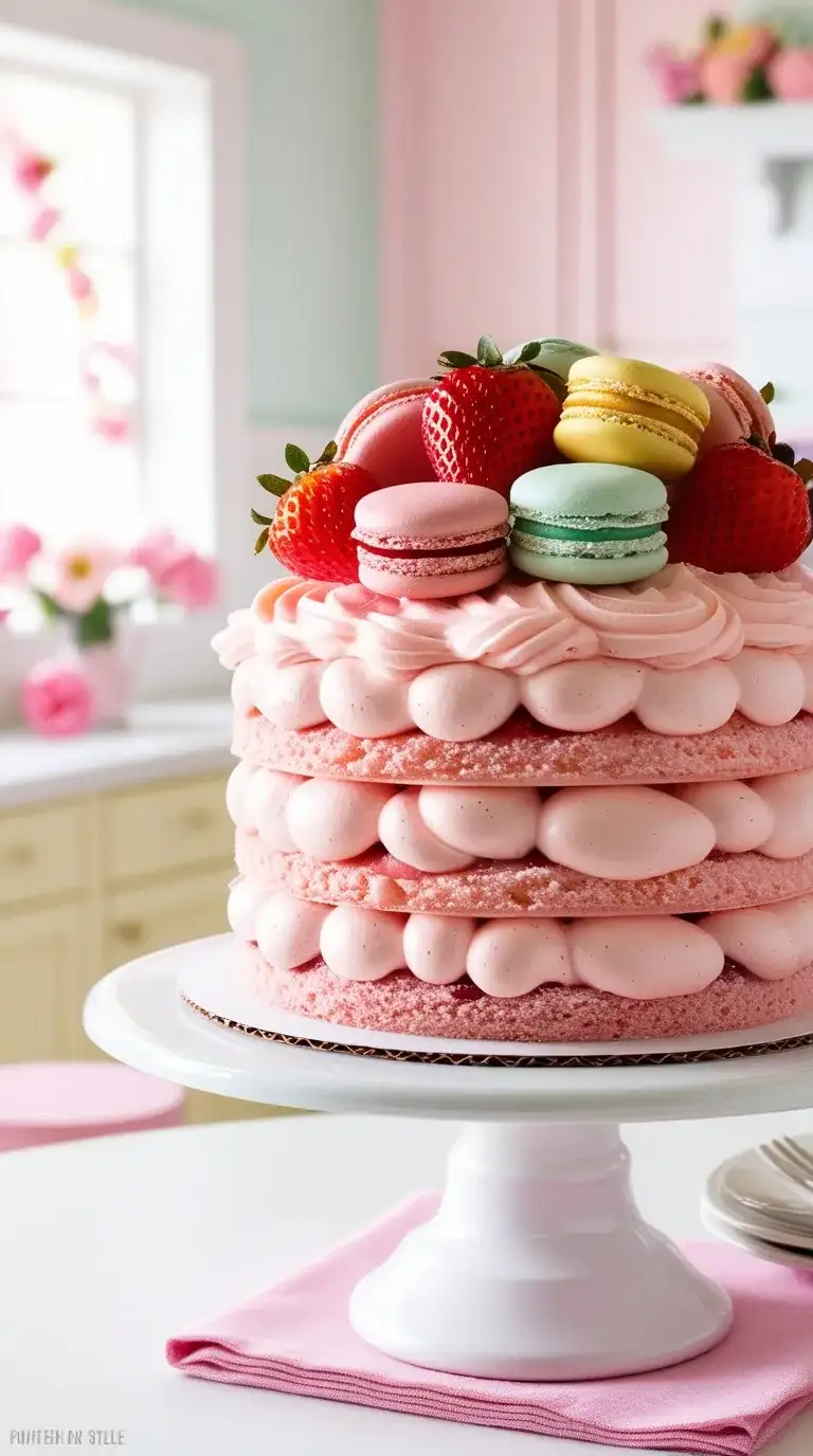 strawberry macaron cake