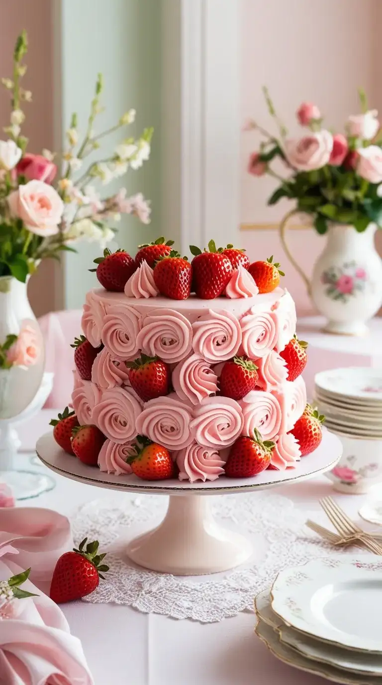 strawberry rose buttercream cake