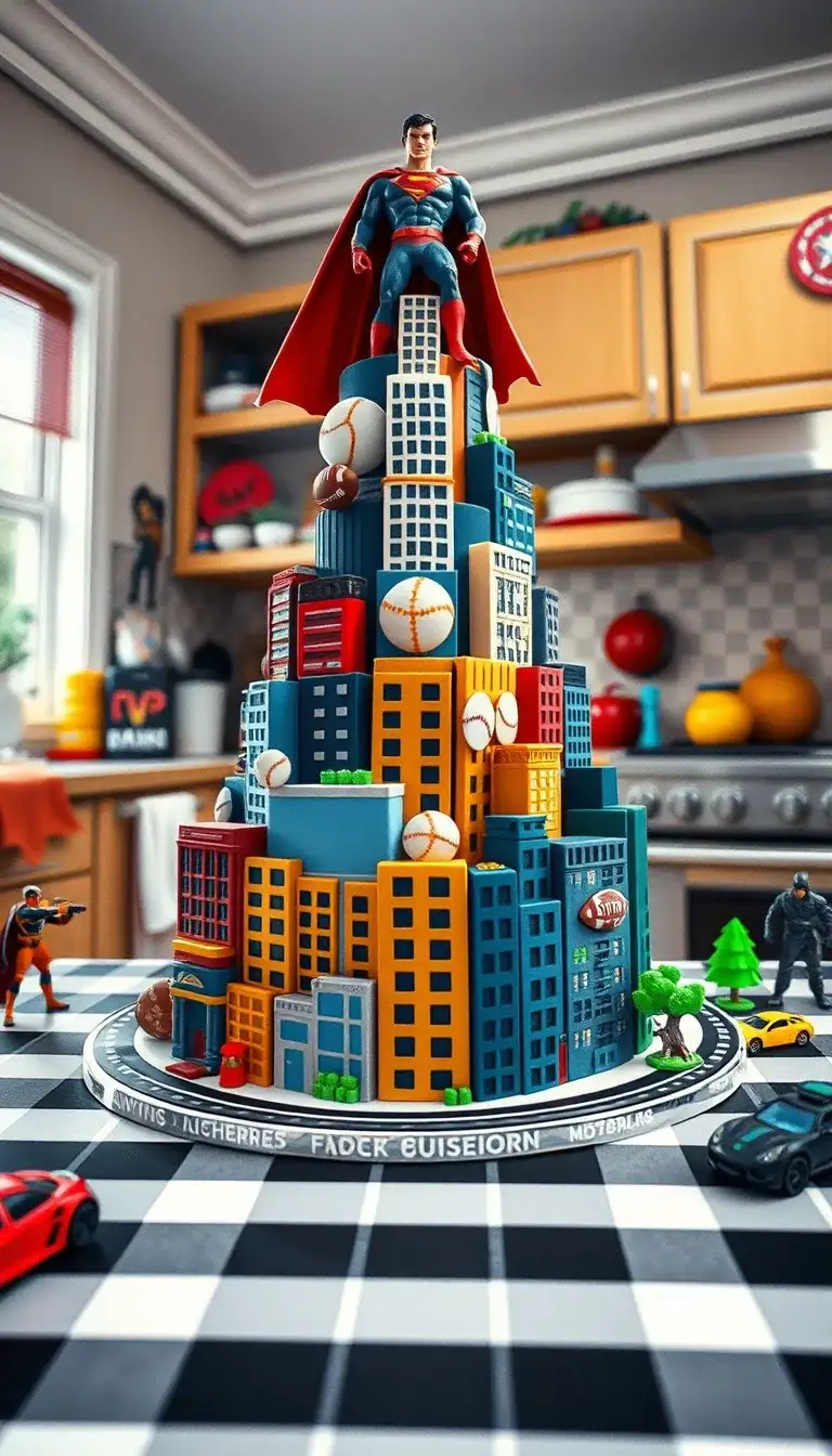 superhero cityscape cake