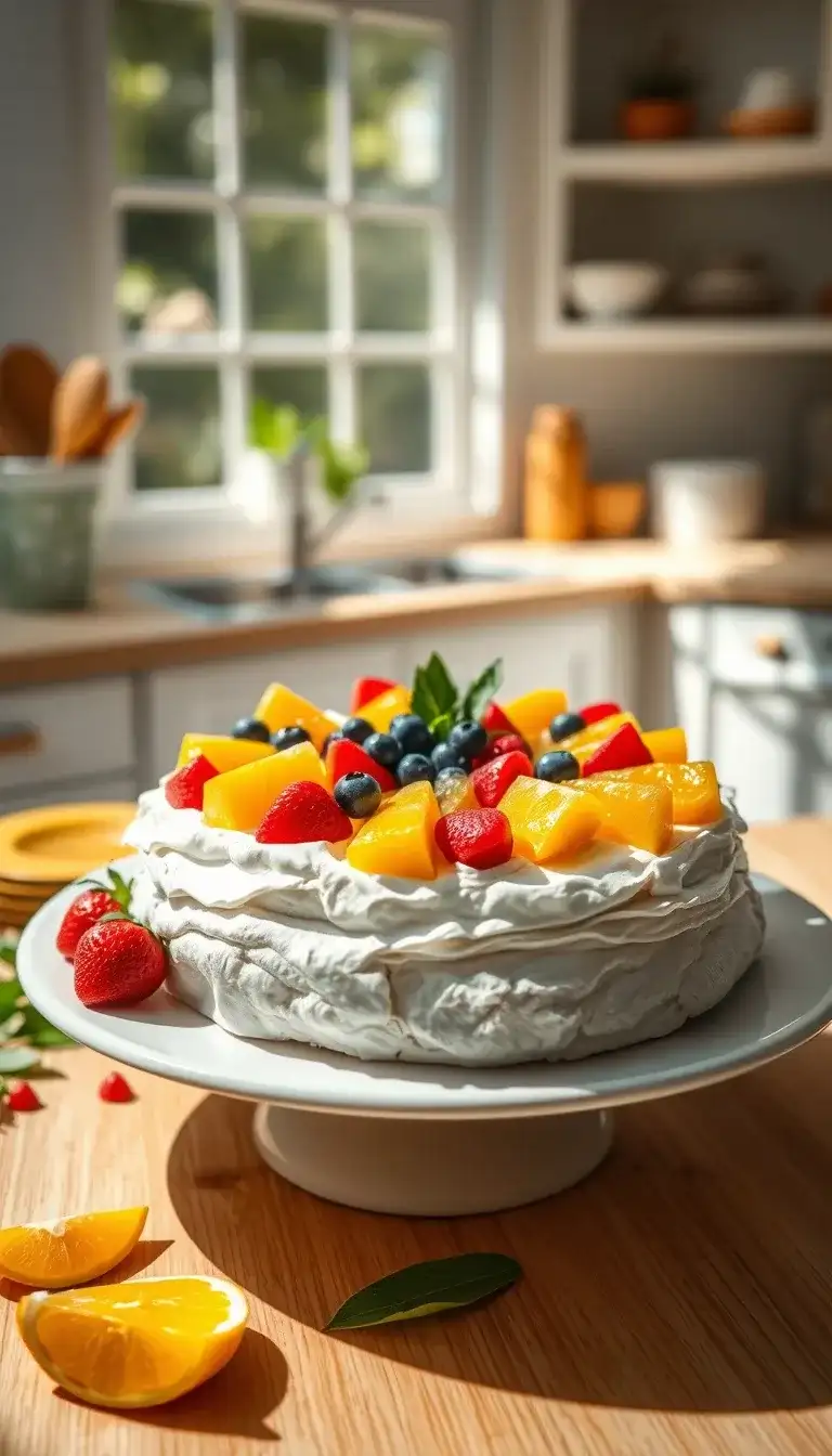 tropical fruit pavlova cake