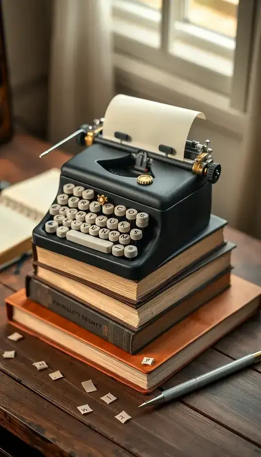 Typewriter Cake with Vintage Book Stack