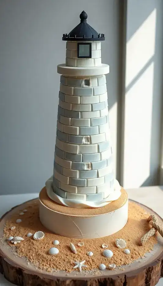 Beachside Lighthouse Cake with Edible Sand