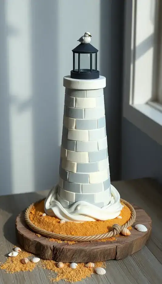 Seagull-Topped Lighthouse Cake