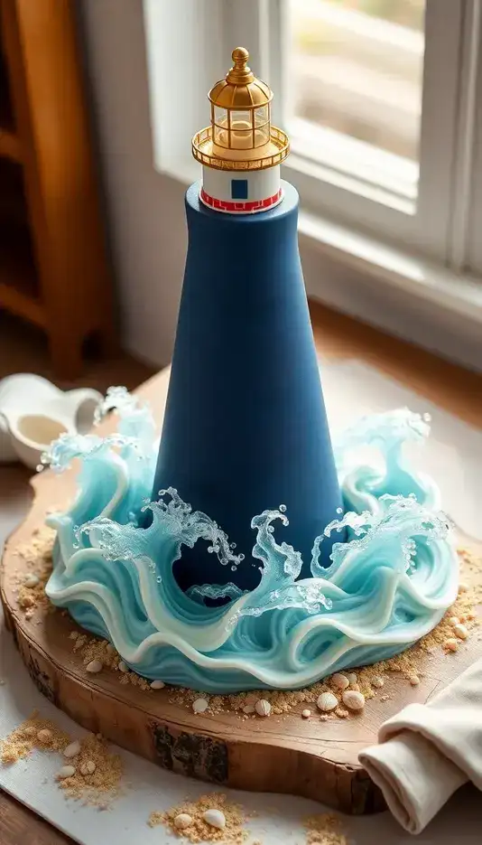 Ocean Wave Surrounding Lighthouse Cake