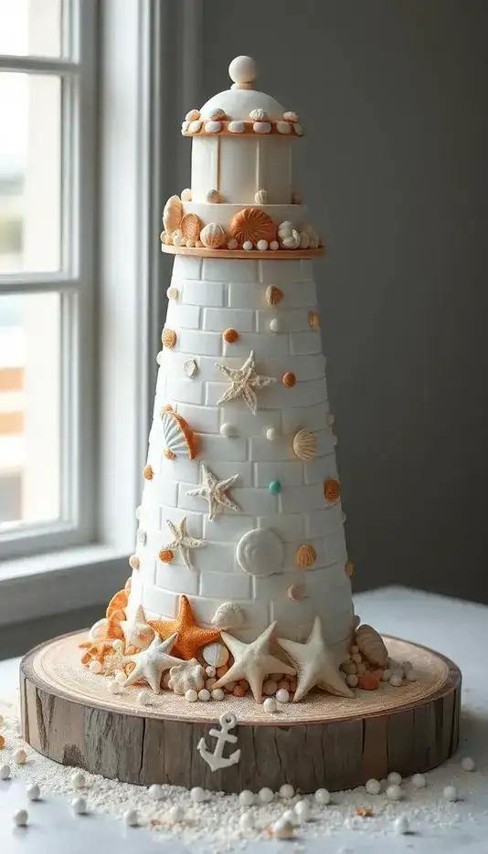 Seashell and Starfish Embellished Lighthouse Cake