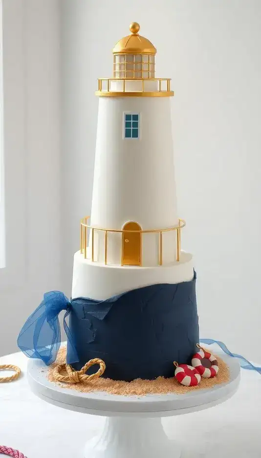 Elegant Gold-Accented Lighthouse Cake
