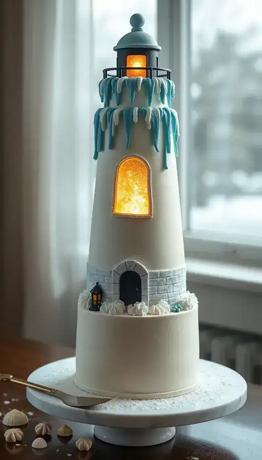 Frosted Icicle Lighthouse Cake for Winter