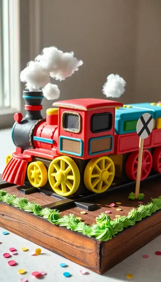 Train Cake on Wooden Track Base