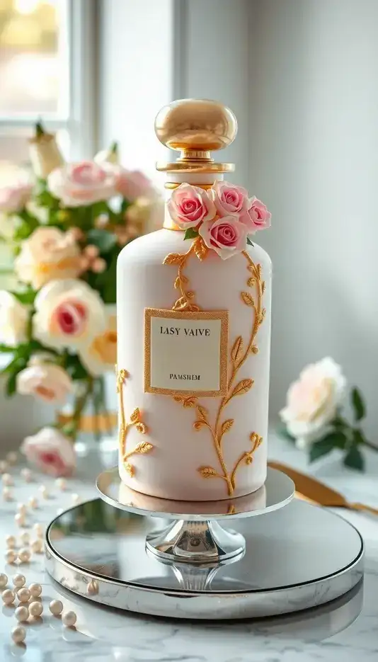 Floral Embellished Perfume Bottle Cake Concept