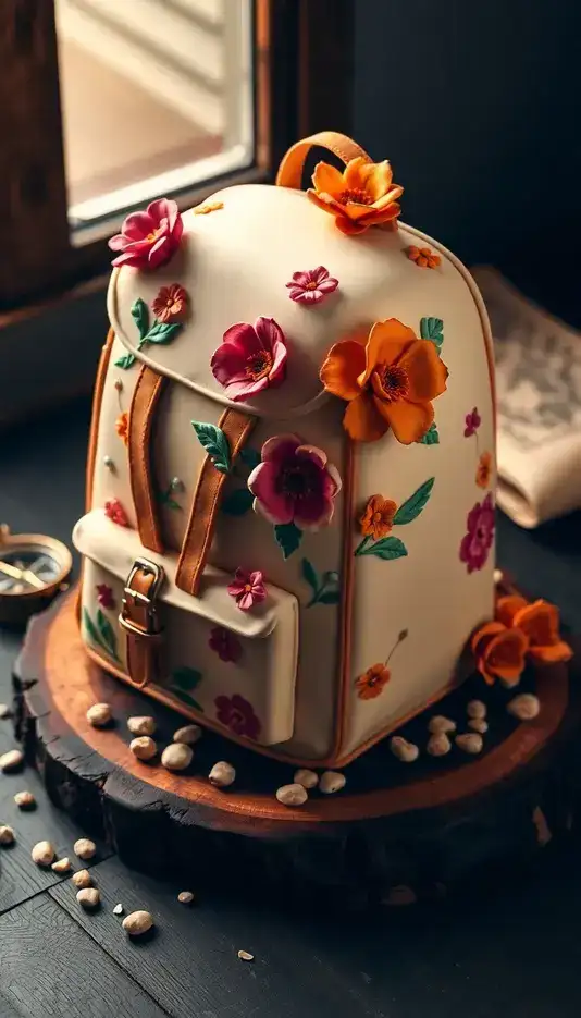 Backpack Cake with Hand-Painted Flowers