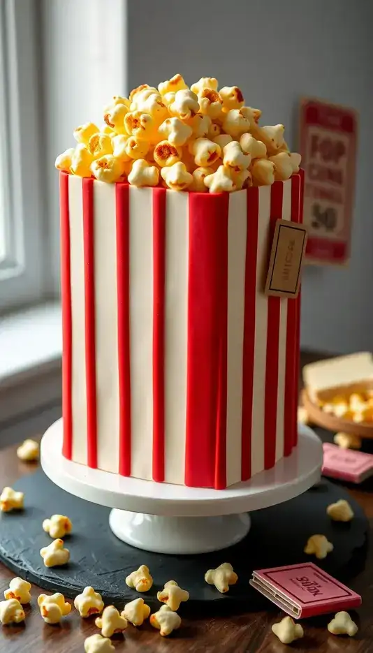 Popcorn Box Cake with Candy Popcorn Accents