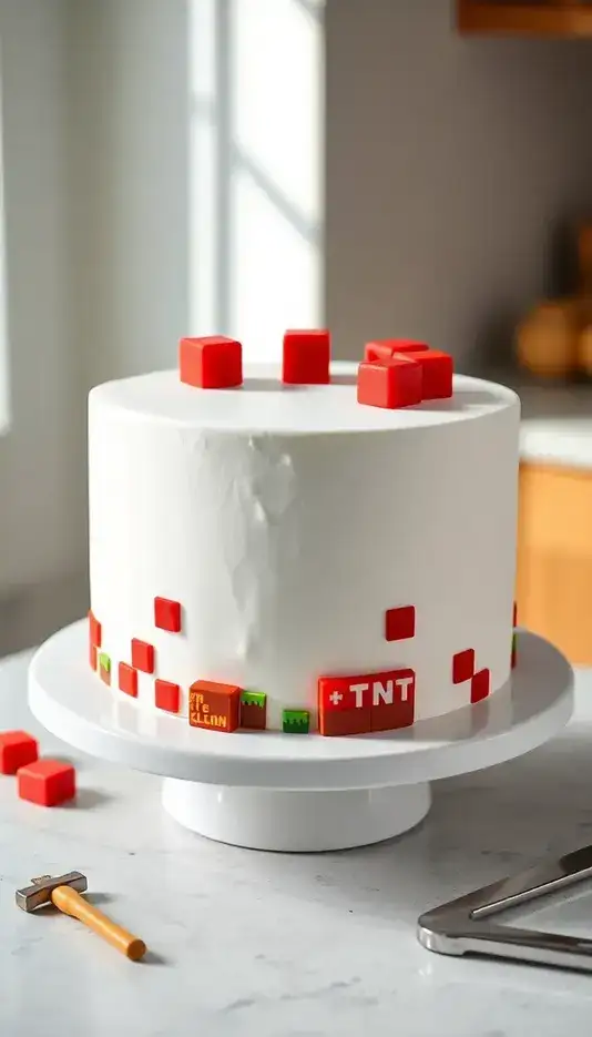 Classic Minecraft Cake with Red and White Blocks